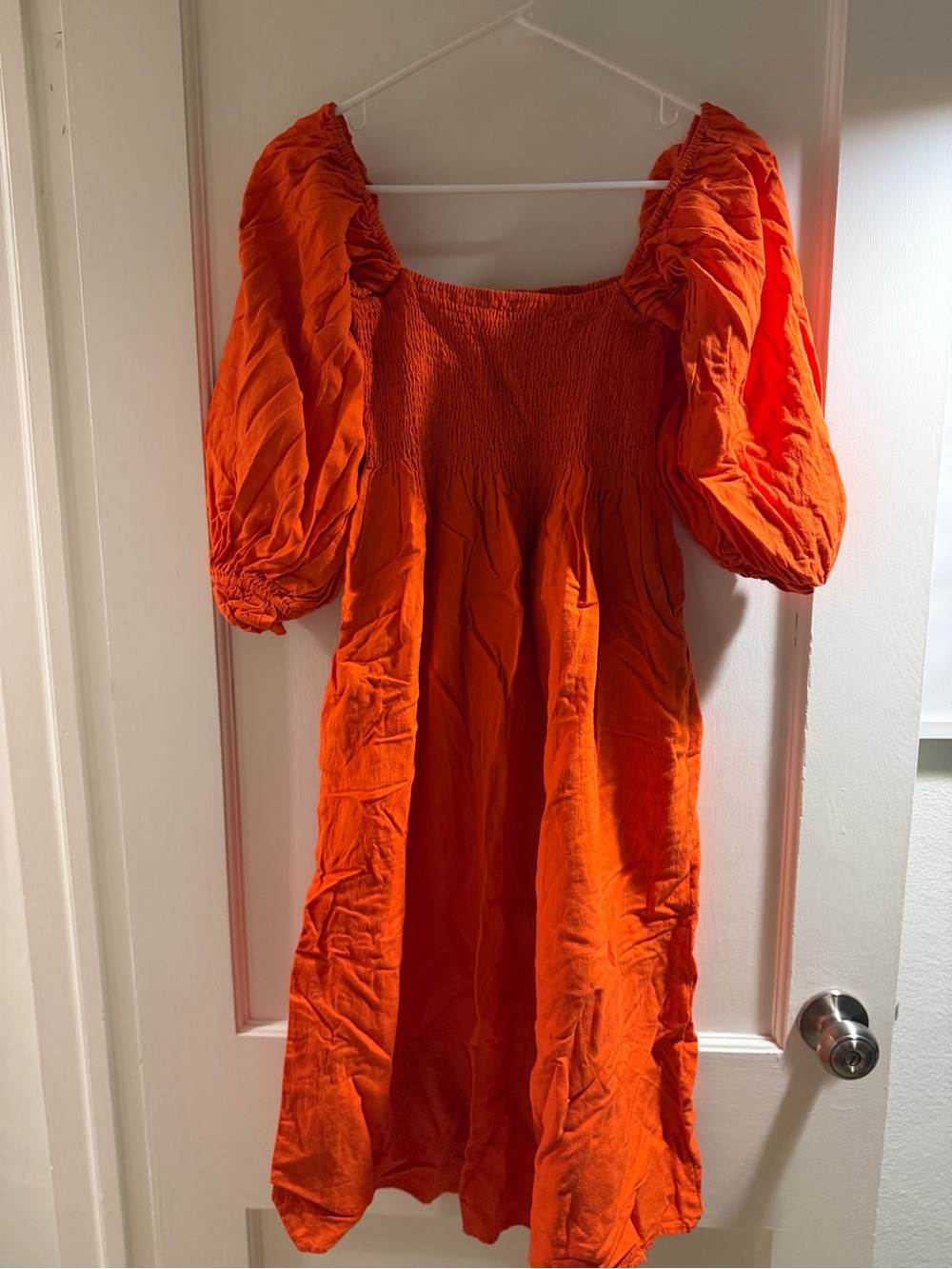 Women’s Orange Midi Dress with Puff Sleeves